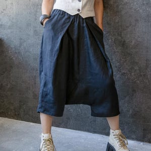Plus Sizes Linen Harem Pants, Linen Baggy Pants Women, Unisex Pants, Drop Crotch Pants, Minimalist Loose Fit Capri Pants, Elastic Waist