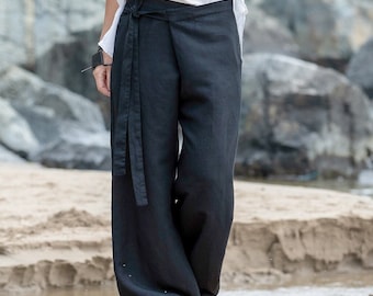 Linen Wrap Pants Wide Leg Trousers Relaxed Fit