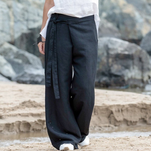 Pantalones cruzados de lino Pantalones de pierna ancha Ajuste relajado