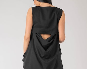 Haut sans manches noir, dos ouvert drapé, haut découpé asymétrique, robe tunique noire, tunique haut, vêtements d'événement, haut noir