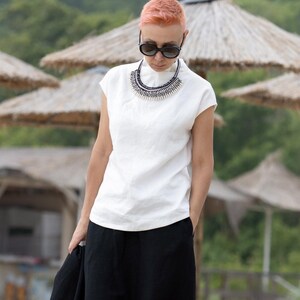 White Linen Blouse – Avant Garde Short Sleeve Top for Women, Minimalist Futuristic Style