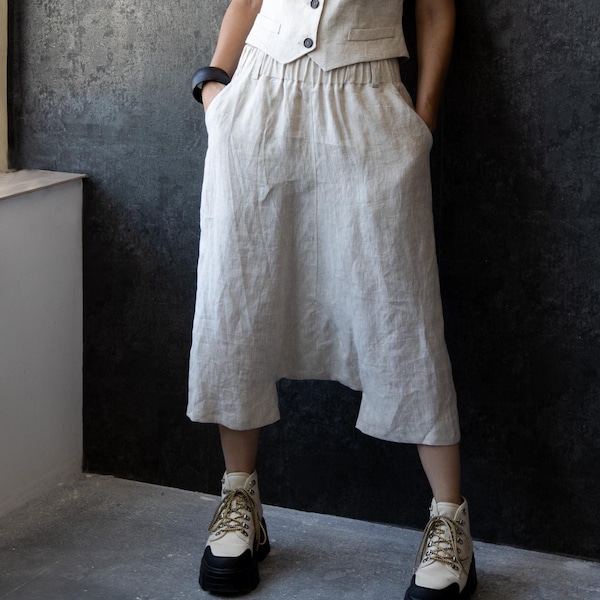 Handmade Linen Harem Pants: Women's Plus Size Drop Crotch Capri