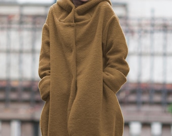 Boiled Wool Hooded Coat for Women, Warm Architectural Outerwear, Plus Size Handmade