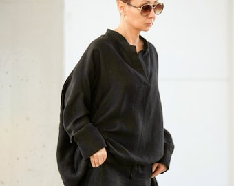 Oversized Muslin Blouse – Asymmetrical Cotton Gauze Tunic Top with Pockets, Loose Summer Shirt