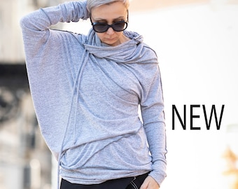 Asymmetrical Hooded Blouse – Long Sleeve Casual Top for Women, Loose Pullover Shirt