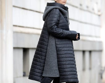Black Quilted Winter Coat with Wool Knit Hood, Long Jacket (Handmade)