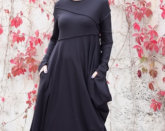Black Asymmetrical Long Sleeves Dress with Pockets, Deconstructed Ivory Dress, Balloon Dress for Women, Plus Size Extravagant Long Dress