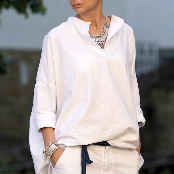 Witte linnen oversized blouse asymmetrisch tuniekshirt met lange mouwen