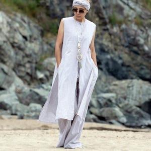 Leinen Zweiteiler Set, ärmellose lange Tunika und Hose mit weitem Bein, ärmelloses Leinen Kleid und Pyjama Hose, entspanntes Sommer Yoga Outfit für Frauen