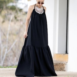 Vestido negro largo, vestido largo sin espalda, vestido largo hasta el suelo con hombros descubiertos, atuendo para boda en la playa, vestido de verano holgado con bolsillos, NUEVO