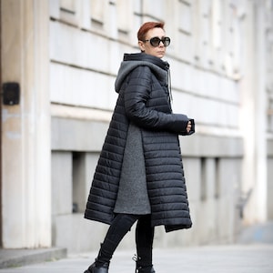 Long Black Winter Jacket/ Winter Coat for Women/ Quilted Coat/ Hooded Coat/ Extravagant coat/ Minimalist/ Woolen knit/ Winter clothes