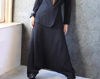 Unisex Black Harem Pants Drop Crotch Loose Fit