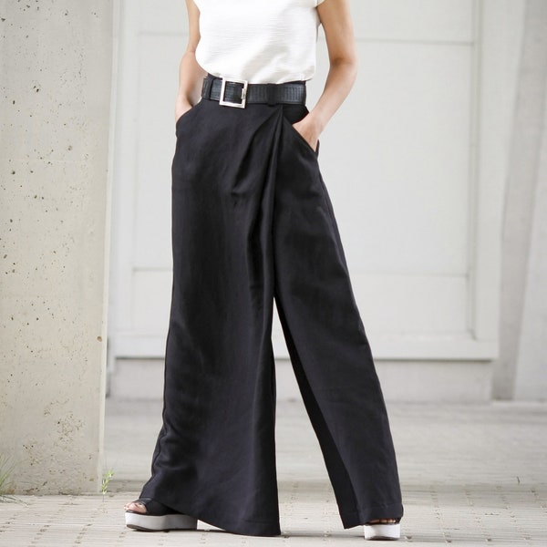 Pantalones de falda ancha para mujer, pantalones palazzo negros de algodón, pantalones plisados llamativos