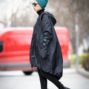 Black Quilted Asymmetrical Jacket, Hooded Minimalist Womens Outerwear, Handmade Designer Coat