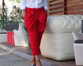 White pants/ Pants women/ Red wrap pants/ Casual pants/ Cotton pants/ Loose Cotton Pants/ Cotton trousers/ Pockets/ White pants/ Summer