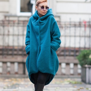 Coat for women/ 100% Wool coat/ Hooded coat/ Winter coat/ Extravagant coat/ Plus size/ Designer coat/ Jacket/ Hooded cardigan/ High quality Petrol