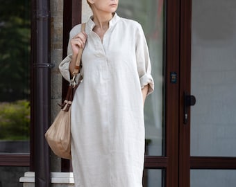 Handgefertigtes Maxi Kleid aus Leinen: Stehkragen Langarm Kaftan