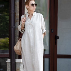 Linen Shirt Dress for Women, Long Sleeve Maxi Dress with Pockets, Mandarin Collar Kaftan, Loose Fit Dress, Long Linen Dress