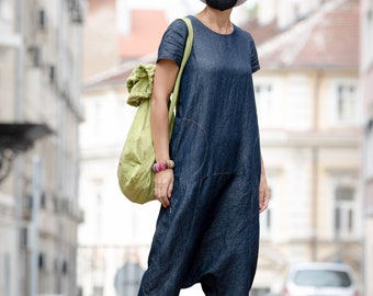 Denim Harem Jumpsuit: Women's Short Sleeve Jeans Overalls