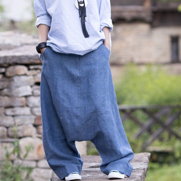 Linen harem pants/ Harem pants Women Men/ Loose linen trousers/ Drop crotch check pants/ Blue Flax pants/ Boho baggy pants/ Linen clothes