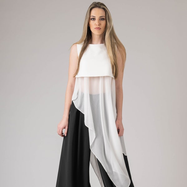 Haut tunique asymétrique, robe en mousseline de soie, haut pour les événements, haut de fête, robe formelle, robe femmes, haut sans manches, robe à deux couches, robe de cocktail