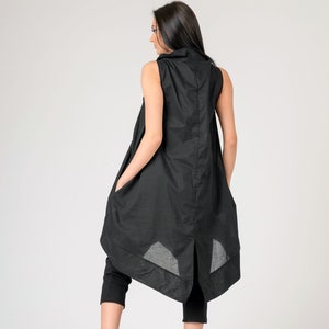 Sleeveless Asymmetrical Cotton Tunic Top – Draped Blouse with Pockets for Women, Event Outfit