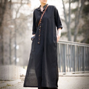 Linen Cotton Shirt Dress: Black Kaftan with Pockets, Button Front