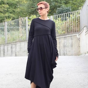 Dress women/ Long Sleeves Dress/ Black Dress with Pockets/ Asymmetrical Dress/ Casual Dress/ Long dress/ Dresses/Tunic/Deconstructive dress image 5