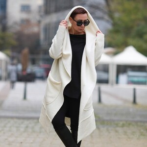 Hooded coat for women/ White coat/ Wool cardigan/ Wool coat/ Cloak women/ Coat with pocket/ Designer top/ Fashion coat/ Unisex coat/ Belt image 5