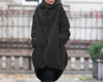 Architectural Wool Coat With Hood Long Handmade Outerwear