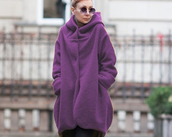 Purple Coat for women/ 100% Wool coat/ Hooded coat/ Winter coat/ Extravagant coat/ Designer coat/ Jacket/ Hooded cardigan/ High quality