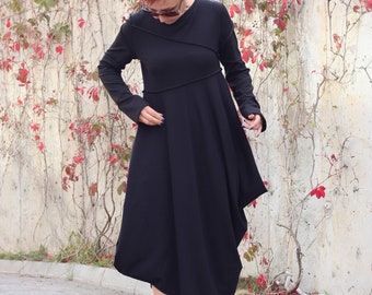 Dress women/ Long Sleeves Dress/ Black Dress with Pockets/ Asymmetrical Dress/ Casual Dress/ Long dress/ Dresses/Tunic/Deconstructive dress