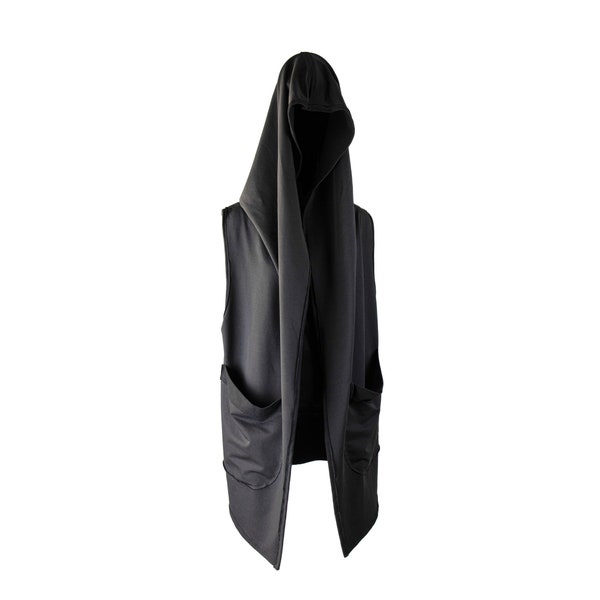 Unisex Hooded coat/ Cloak women-men/ Coat with pockets/ Designer top/ Fashion coat/ Urban jacket/ Hoody/ Black fashion/ Sleeveless/Black Top