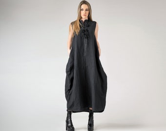 Black Linen Maxi Dress,Sleeveless linen dress,Natural linen dress,Elegant linen dress,Solid color linen dress,Linen shirt dress,Structur