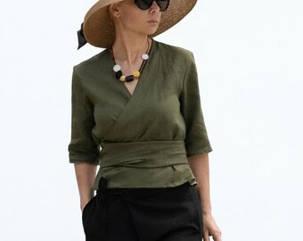 Linen Cotton Wrap Top V Neck Blouse Military