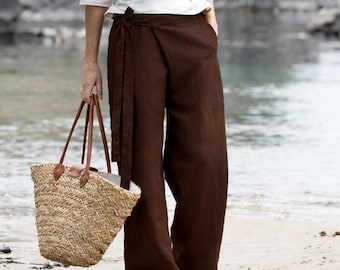 Relaxed Linen Wrap Trousers Wide Leg Brown