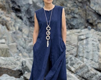 Linen Two Piece Set – Sleeveless Tunic and Wide Leg Pants, Summer Comfort