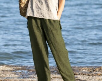 Wide Leg Linen Pants Relaxed Palazzo Trousers Military