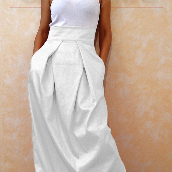 Jupe blanche pour femme, jupe taille haute, jupe longue en coton, jupes avec poches, jupe de mariage, jupe mode, jupes, jupes portefeuille, poches