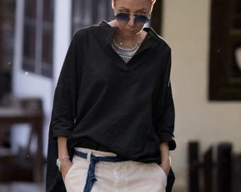 Black Linen Oversized Blouse Long Sleeve Asymmetrical Tunic Shirt