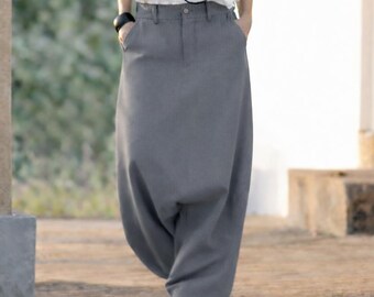 Minimal Linen Trousers Relaxed Drop Crotch Wide Leg Gray