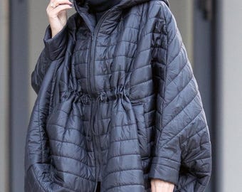 Asymmetrical Quilted Cape Coat: Women's Hooded Winter Jacket