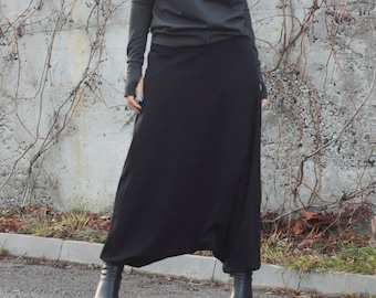 Black Drop Crotch Pants Unisex Harem Loose Fit