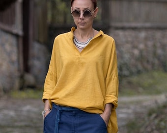 Mustard Linen Oversized Blouse Long Sleeve Asymmetrical Tunic Shirt