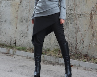 Asymmetric Harem Pants: Women's Black Wrap Skirt Trousers