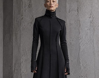Black Hooded Maxi Dress – Avant Garde High Neck Dystopian Style