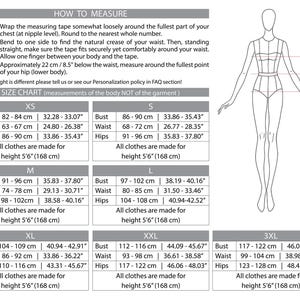 May include: A size chart with measurements for bust, waist, and hips in inches and centimeters. Includes instructions on how to measure and a diagram of a person. Sizes range from XS to 3XL.