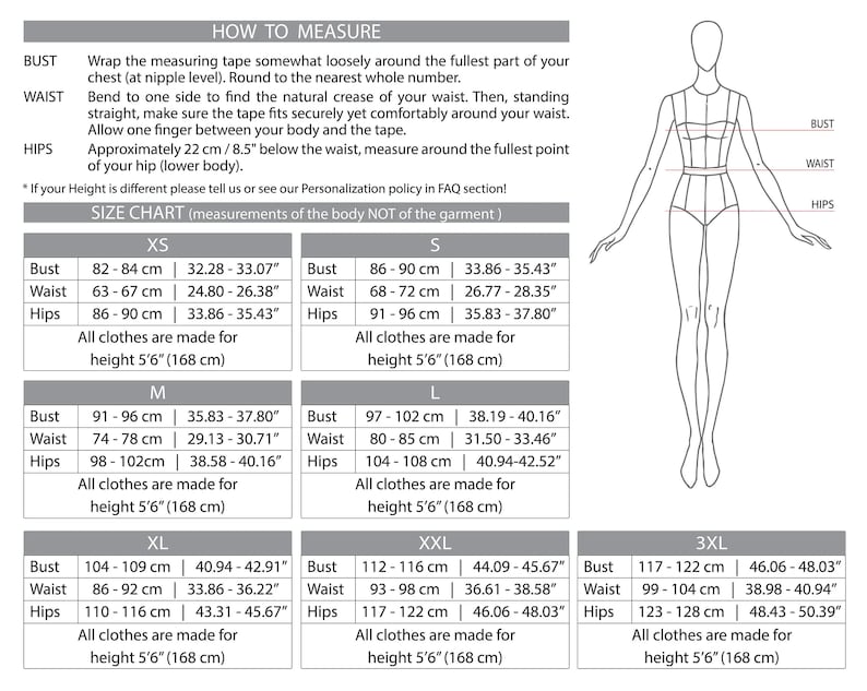 May include: A size chart with measurements for bust, waist, and hips in inches and centimeters. Includes instructions on how to measure and a diagram of a person. Sizes range from XS to 3XL.