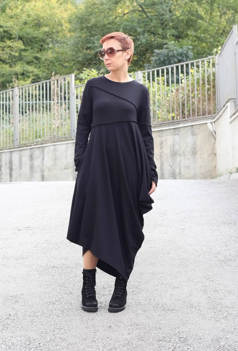 Dress women/ Long Sleeves Dress/ Black Dress with Pockets/ Asymmetrical Dress/ Casual Dress/ Long dress/ Dresses/Tunic/Deconstructive dress image 5