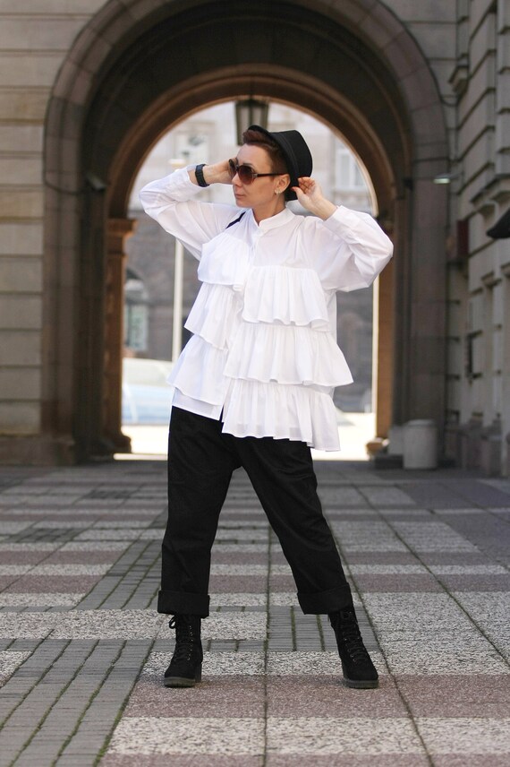 White Blouse Women/ Blouse With Ruffles 